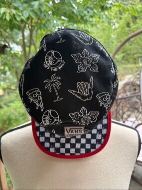 Vans Black Graphic Cap with Checker Brim and Red Trim